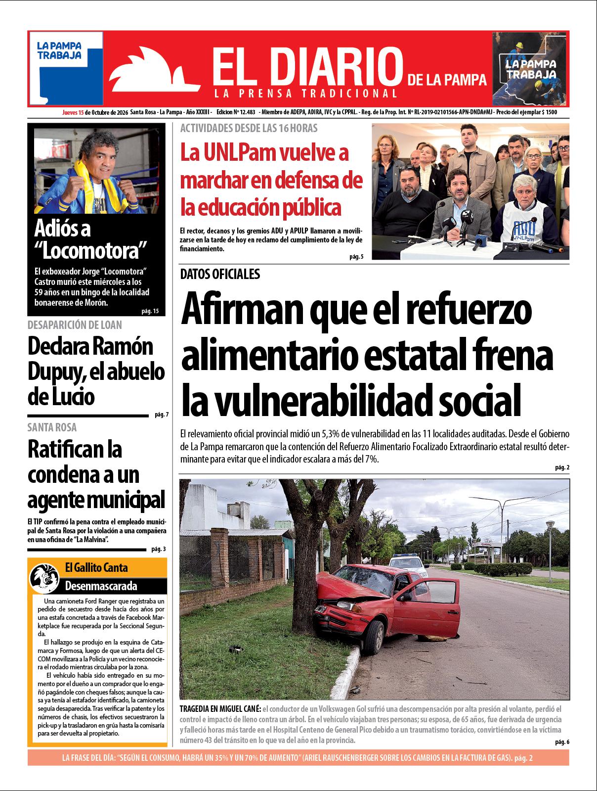 Tapa de El Diario en papel  jueves 15 de octubre de 2026